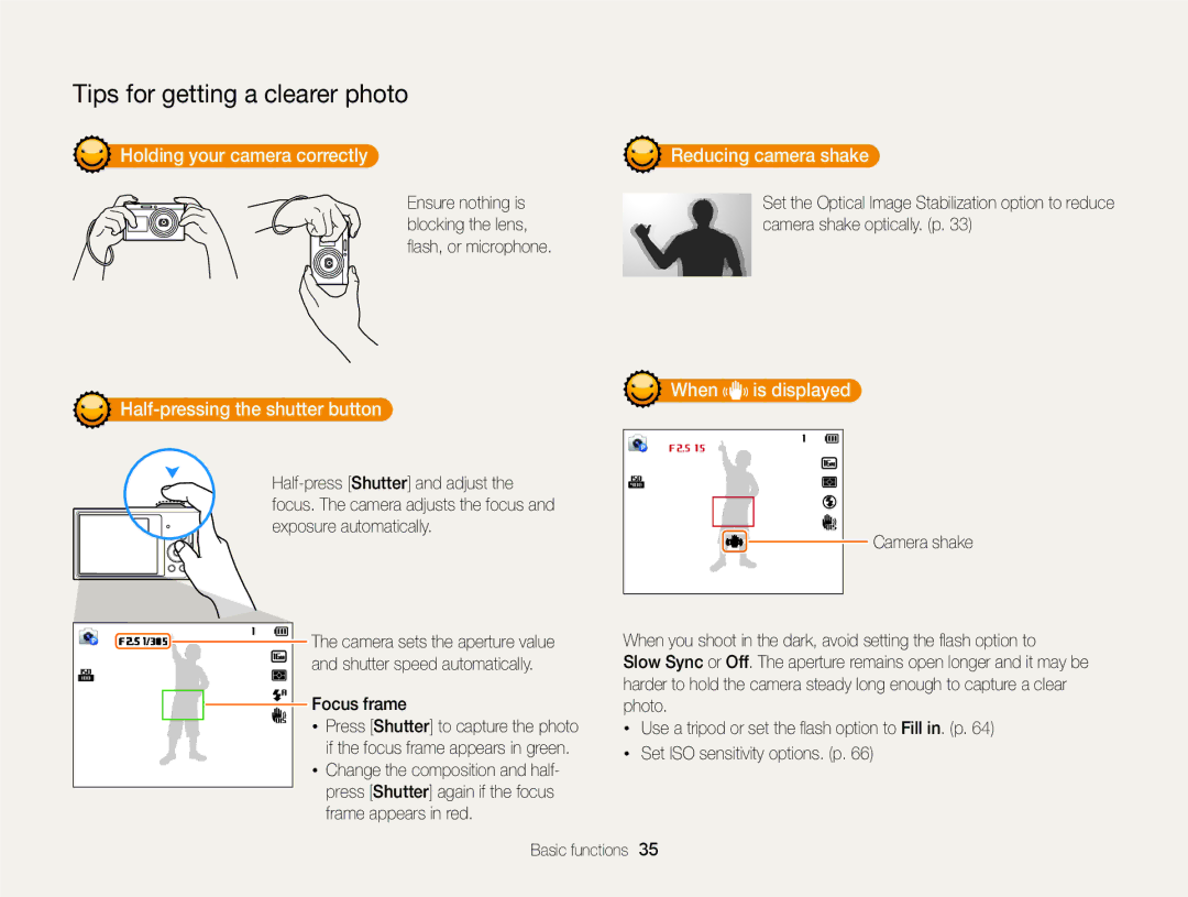 Samsung DV300F Holding your camera correctly, Half-pressing the shutter button, When is displayed, Reducing camera shake 