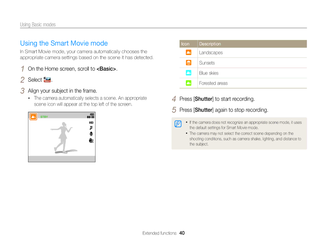 Samsung DV300BK, DV300F user manual Using the Smart Movie mode, Press Shutter again to stop recording 