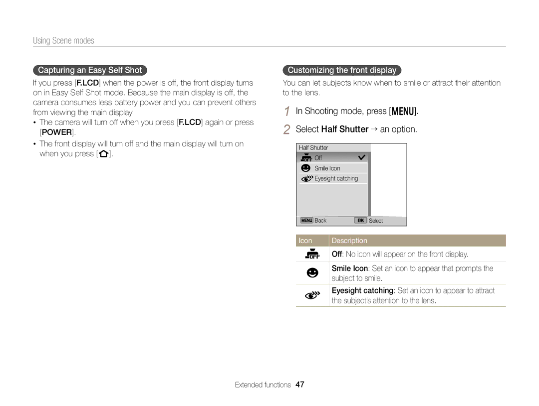 Samsung DV300F, DV300BK user manual Shooting mode, press m Select Half Shutter “ an option, Capturing an Easy Self Shot 