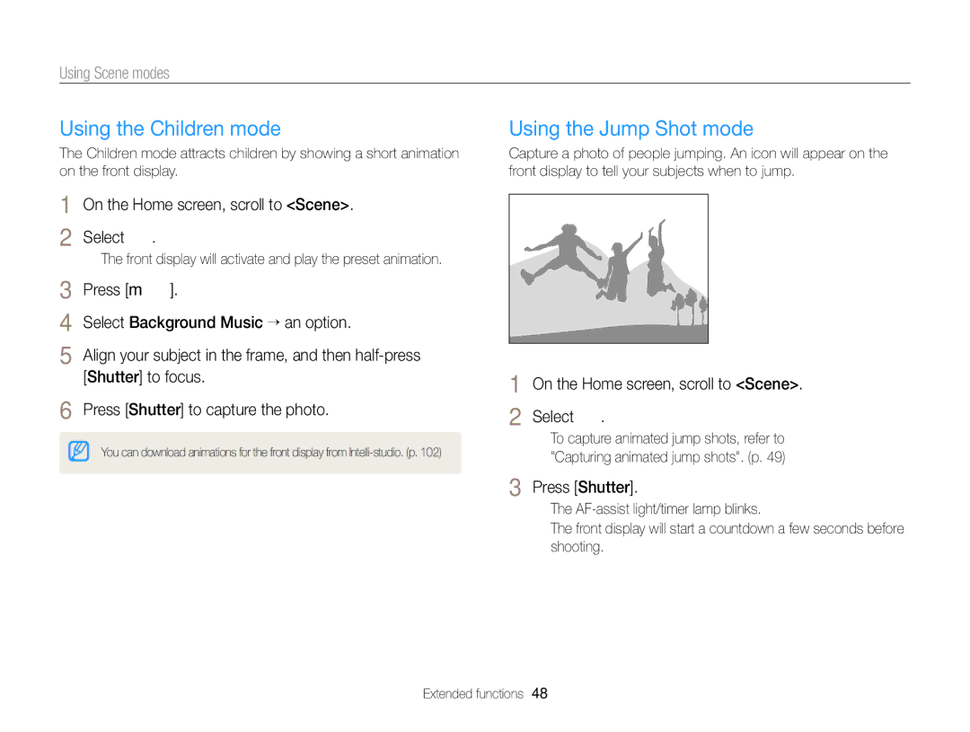 Samsung DV300BK, DV300F user manual Using the Children mode, Using the Jump Shot mode, Press Shutter 