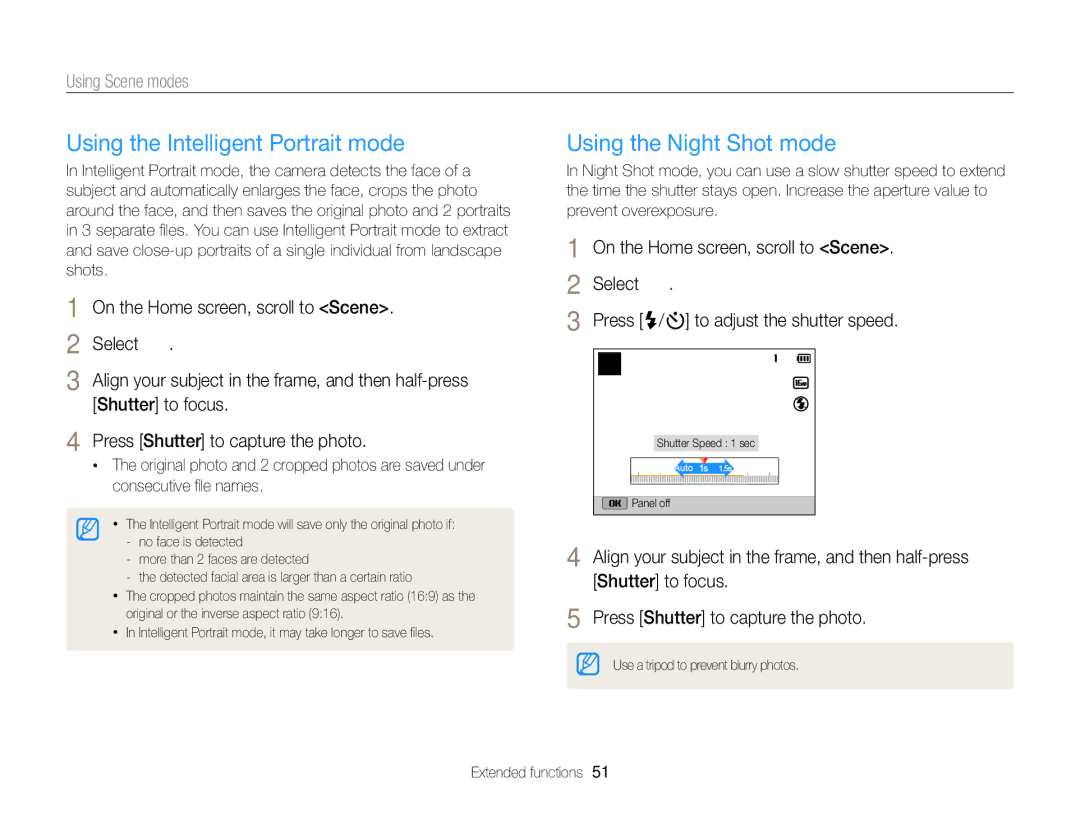 Samsung DV300F, DV300BK user manual Using the Intelligent Portrait mode, Using the Night Shot mode 