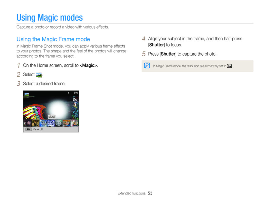 Samsung DV300F Using Magic modes, Using the Magic Frame mode, Capture a photo or record a video with various effects 