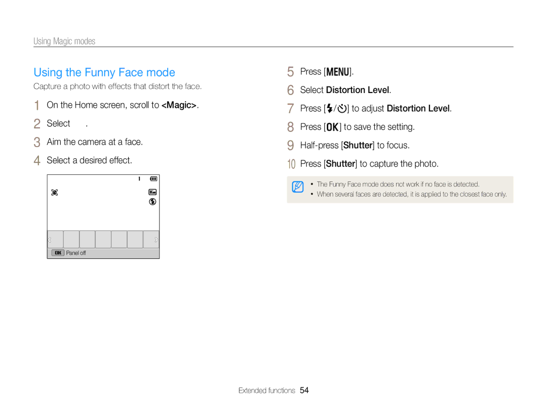 Samsung DV300BK, DV300F Using the Funny Face mode, Using Magic modes, Capture a photo with effects that distort the face 