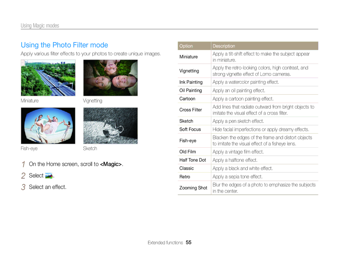 Samsung DV300F, DV300BK user manual Using the Photo Filter mode, Select Select an effect 