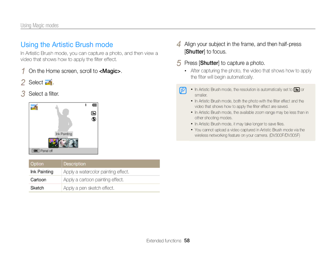 Samsung DV300BK, DV300F user manual Using the Artistic Brush mode, On the Home screen, scroll to Magic Select Select a ﬁlter 