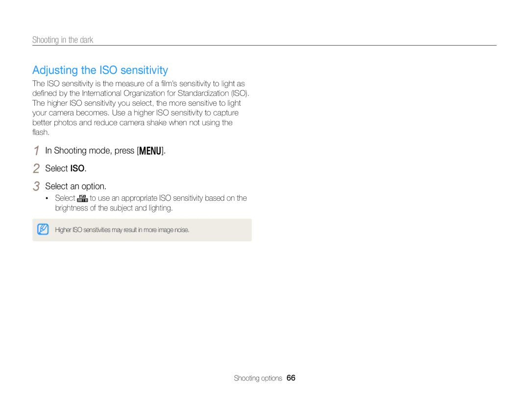 Samsung DV300BK, DV300F user manual Adjusting the ISO sensitivity, Shooting mode, press m Select ISO Select an option 