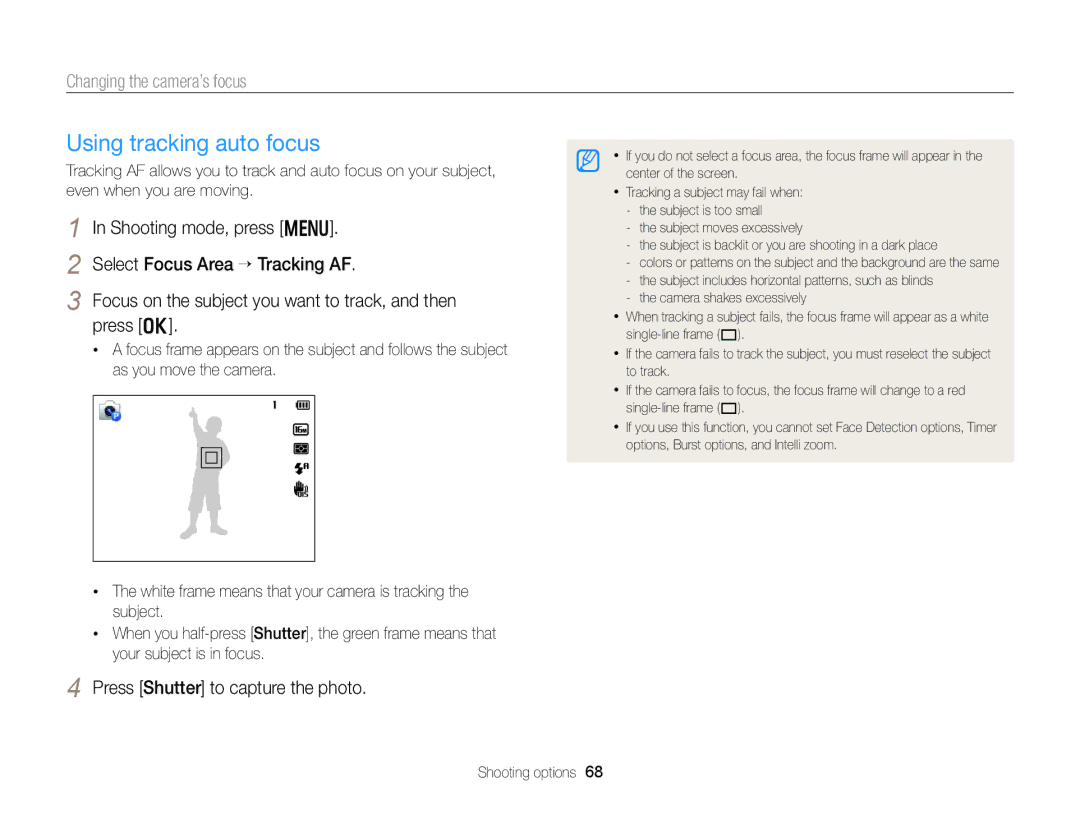 Samsung DV300BK, DV300F user manual Using tracking auto focus, Changing the camera’s focus 