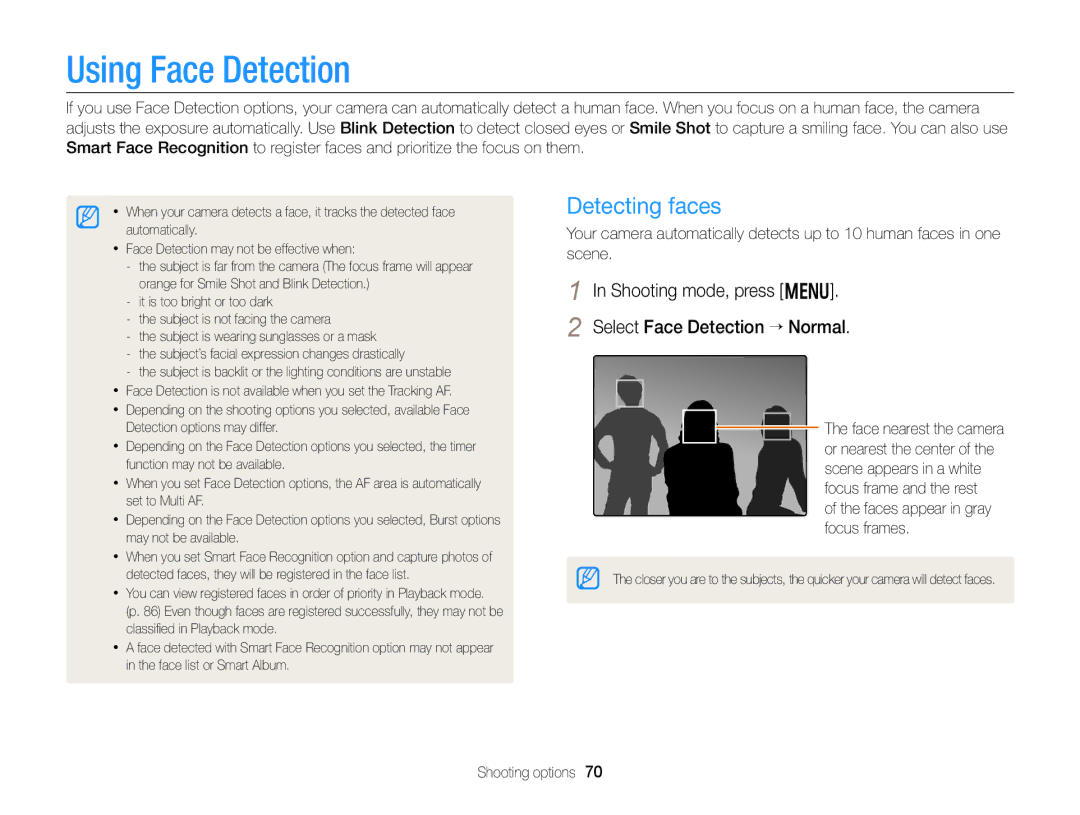 Samsung DV300BK, DV300F Using Face Detection, Detecting faces, Shooting mode, press m Select Face Detection “ Normal 