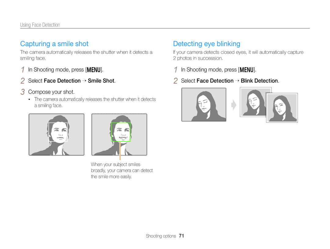 Samsung DV300F, DV300BK user manual Capturing a smile shot, Detecting eye blinking, Using Face Detection 