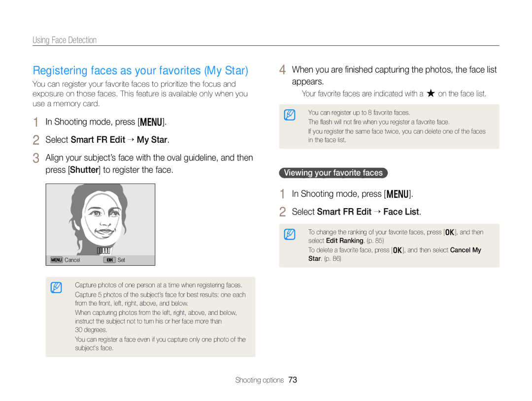 Samsung DV300F Registering faces as your favorites My Star, Shooting mode, press m Select Smart FR Edit “ Face List 