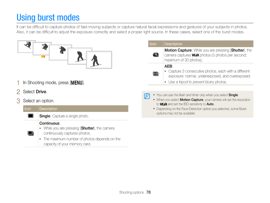 Samsung DV300BK, DV300F user manual Using burst modes, Shooting mode, press m Select Drive Select an option, Camera captures 