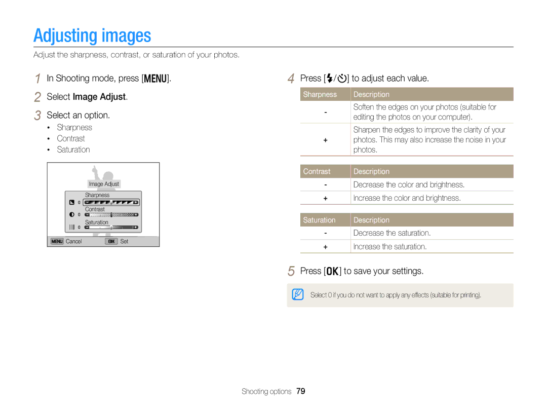 Samsung DV300F, DV300BK user manual Adjusting images, Shooting mode, press m Select Image Adjust Select an option 