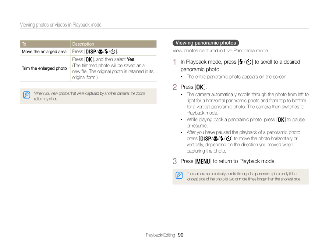 Samsung DV300BK Press m to return to Playback mode, Viewing panoramic photos, Entire panoramic photo appears on the screen 