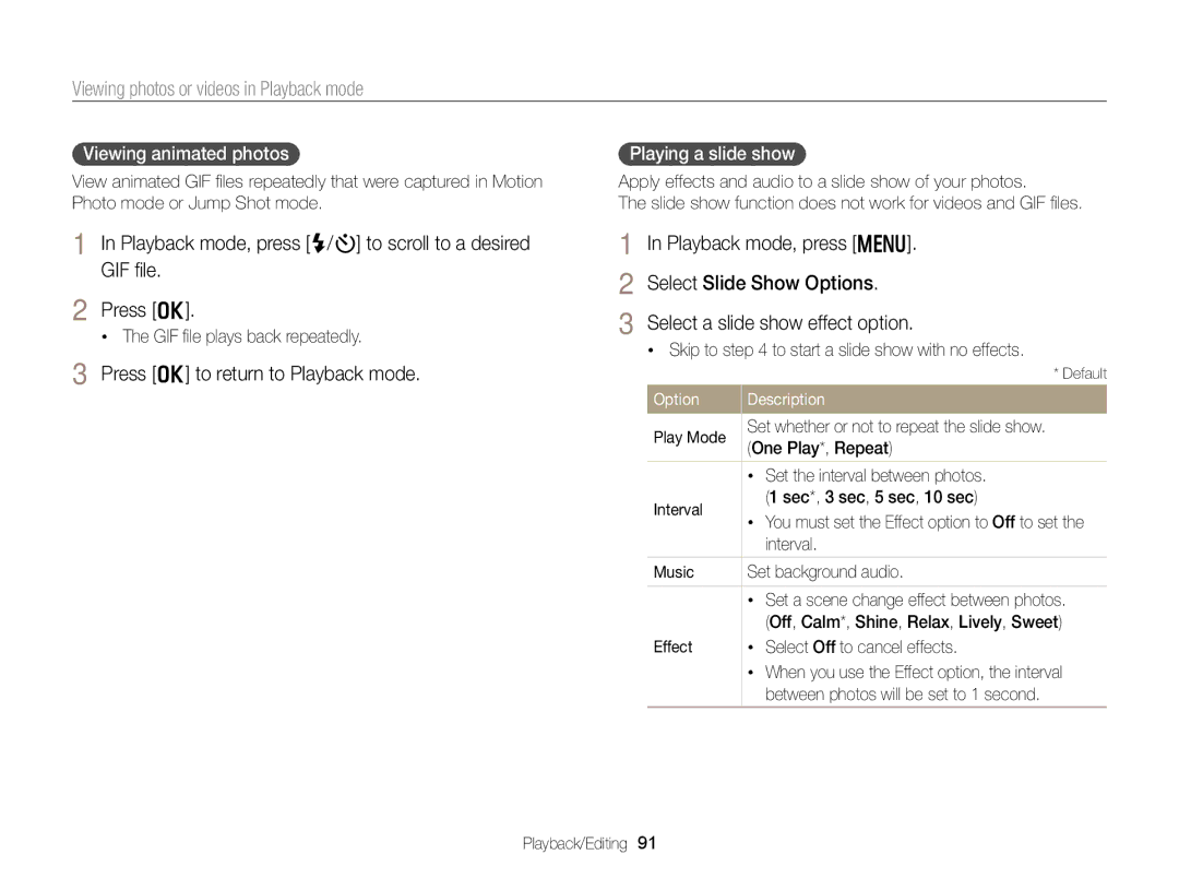 Samsung DV300F, DV300BK Press o to return to Playback mode, Viewing animated photos, GIF ﬁle plays back repeatedly 