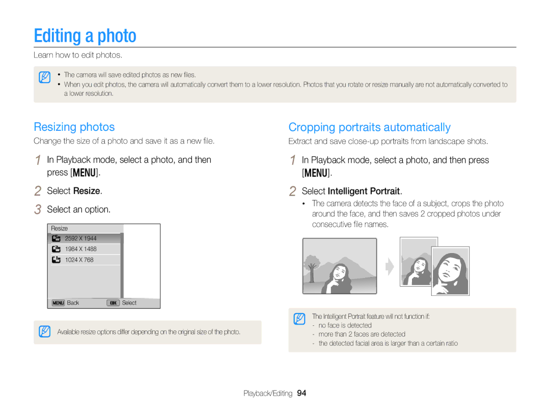 Samsung DV300BK, DV300F user manual Editing a photo, Resizing photos, Cropping portraits automatically 