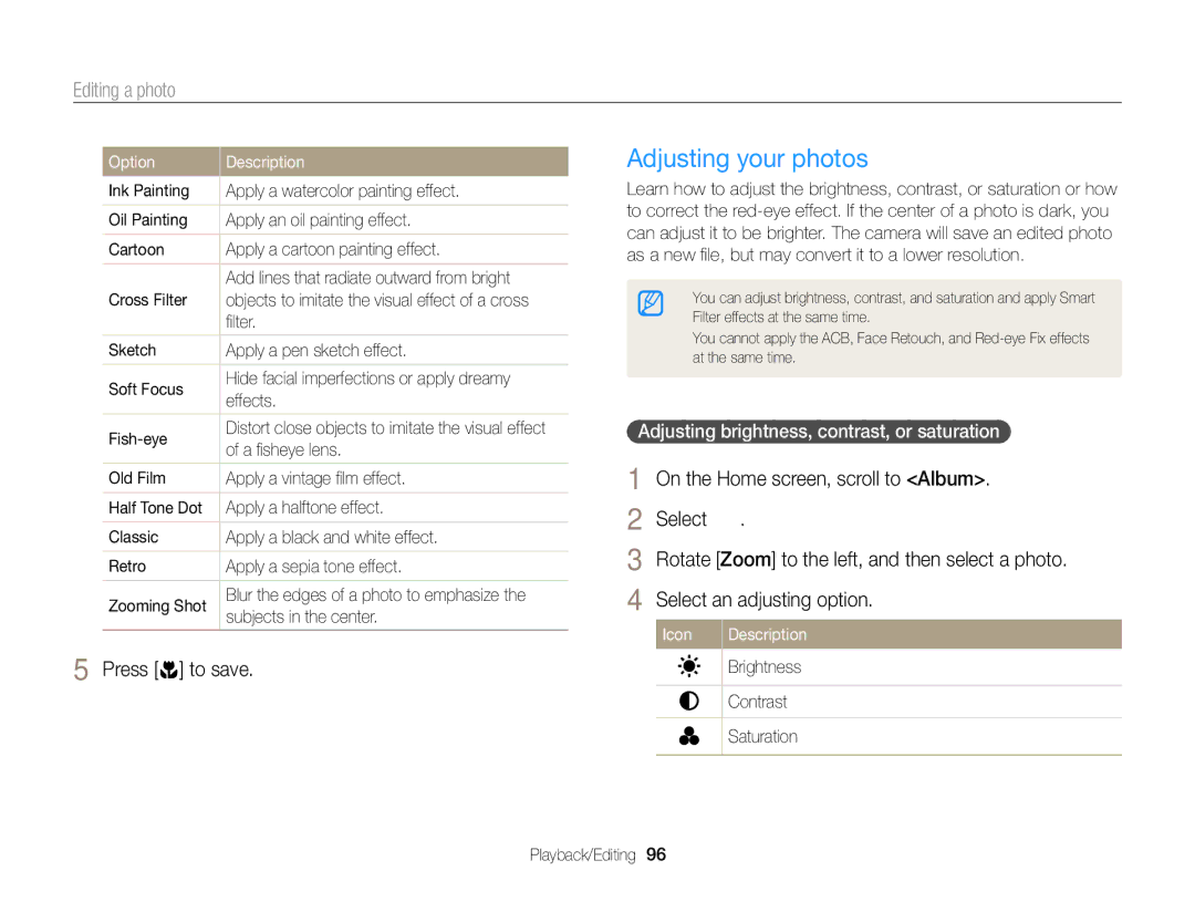 Samsung DV300BK Adjusting your photos, Adjusting brightness, contrast, or saturation, ﬁlter, Subjects in the center 