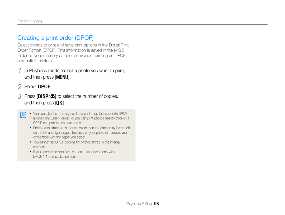 Samsung DV300BK, DV300F user manual Creating a print order Dpof 