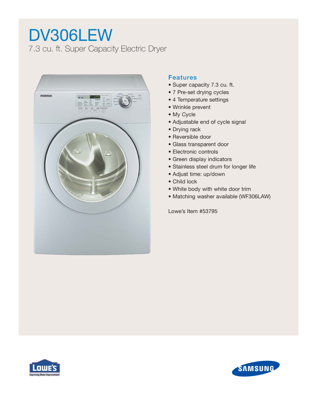 Samsung DV306LEW manual Cu. ft. Super Capacity Electric Dryer, Features 