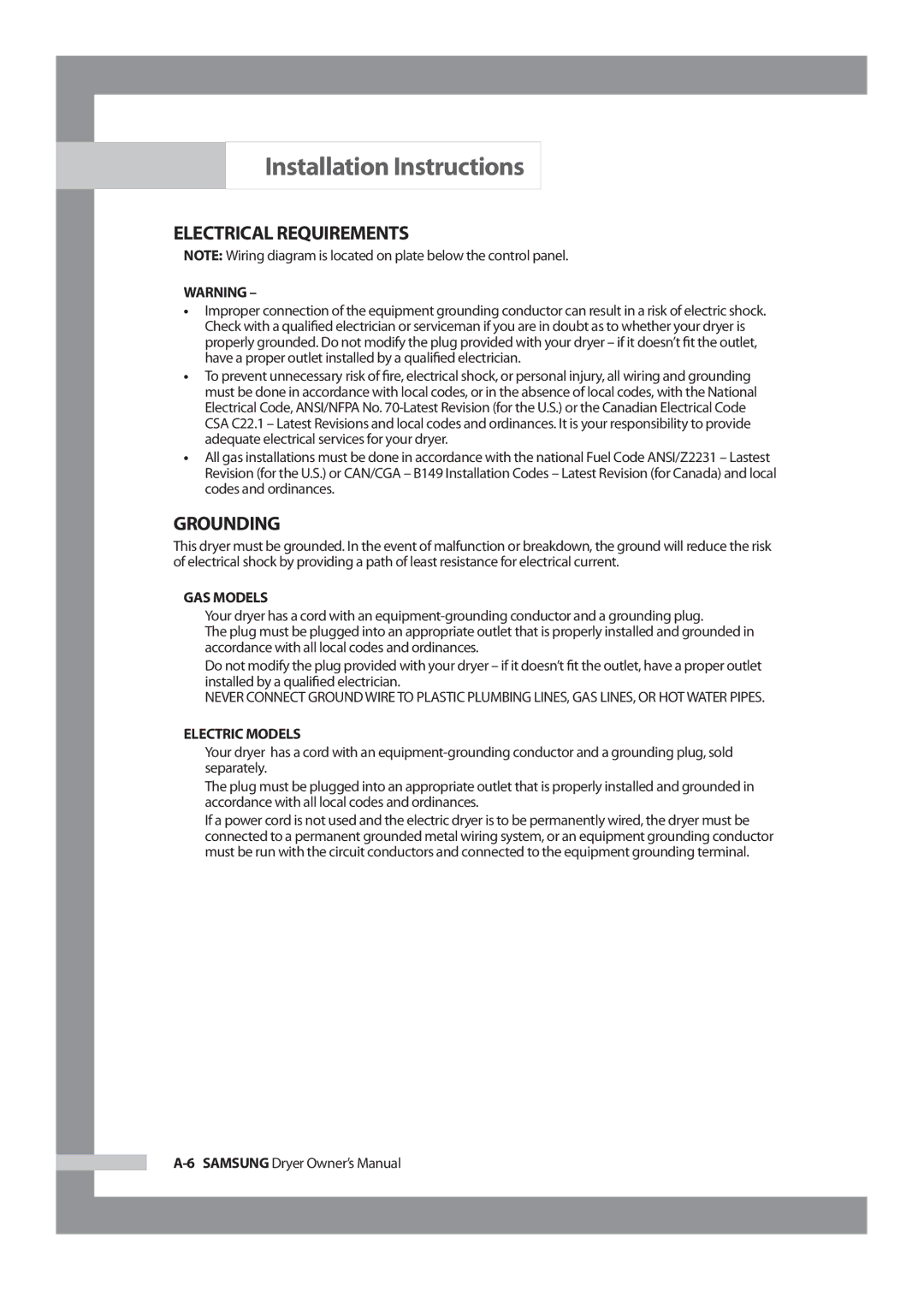 Samsung DV317AGS owner manual Electrical Requirements, Grounding 