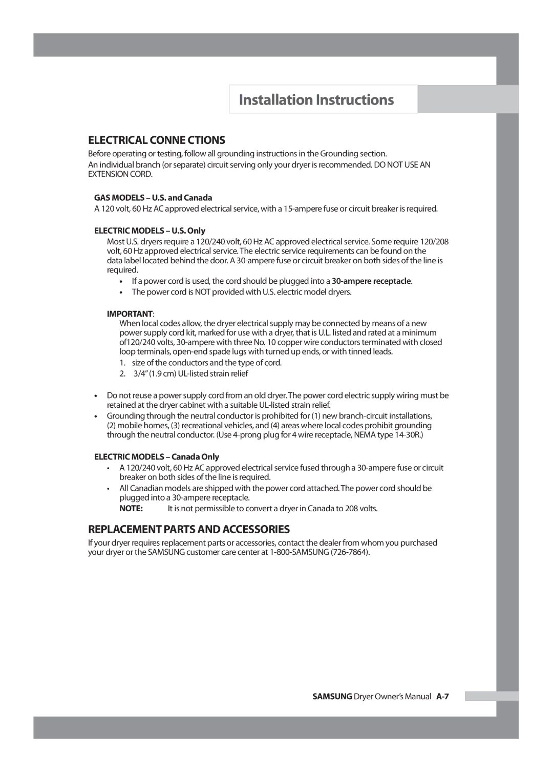 Samsung DV317AGS owner manual Electrical Conne Ctions, Replacement Parts and Accessories, GAS Models U.S. and Canada 