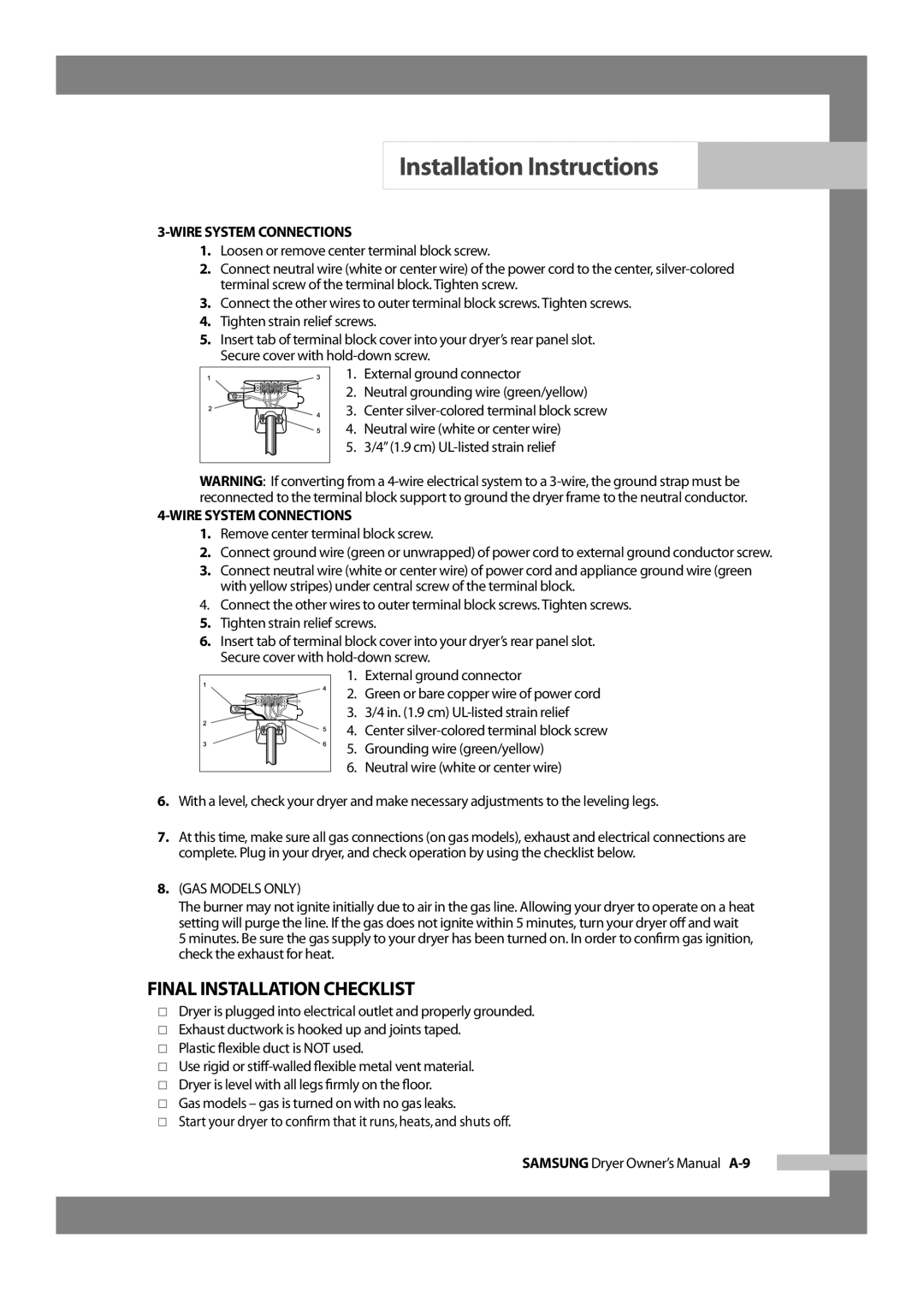 Samsung DV317AGS owner manual Final Installation Checklist, Remove center terminal block screw 