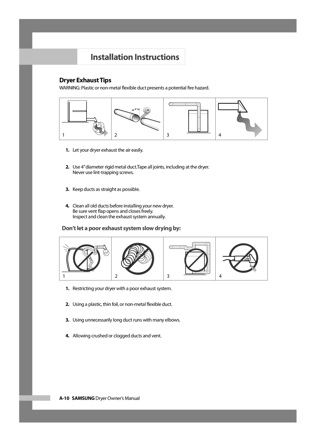 Samsung DV317AGS owner manual Dryer Exhaust Tips, Inspect and clean the exhaust system annually 