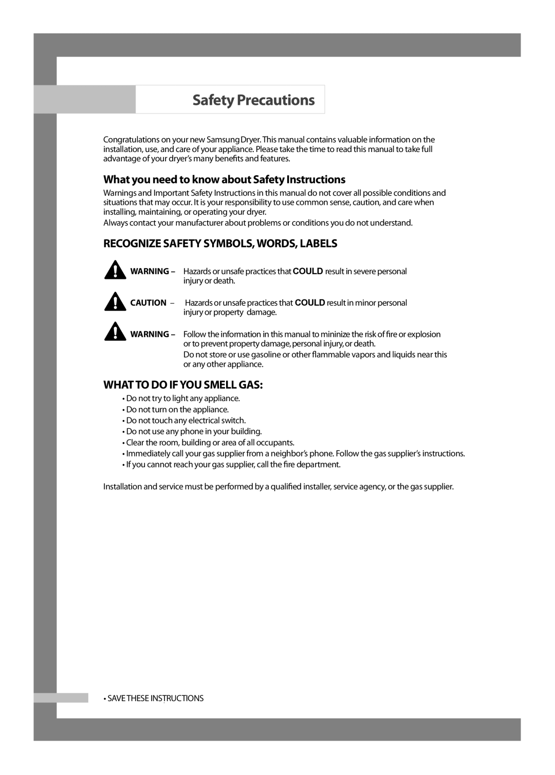 Samsung DV317AGS Safety Precautions, What you need to know about Safety Instructions, What to do if YOU Smell GAS 