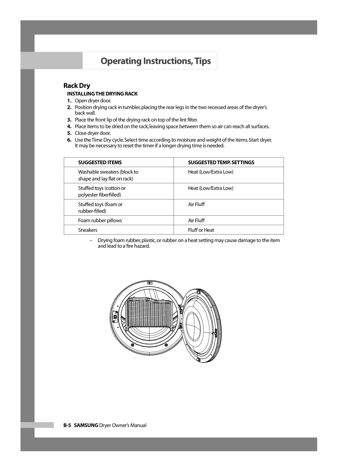 Samsung DV317AGS owner manual Rack Dry, Installing the Drying Rack 