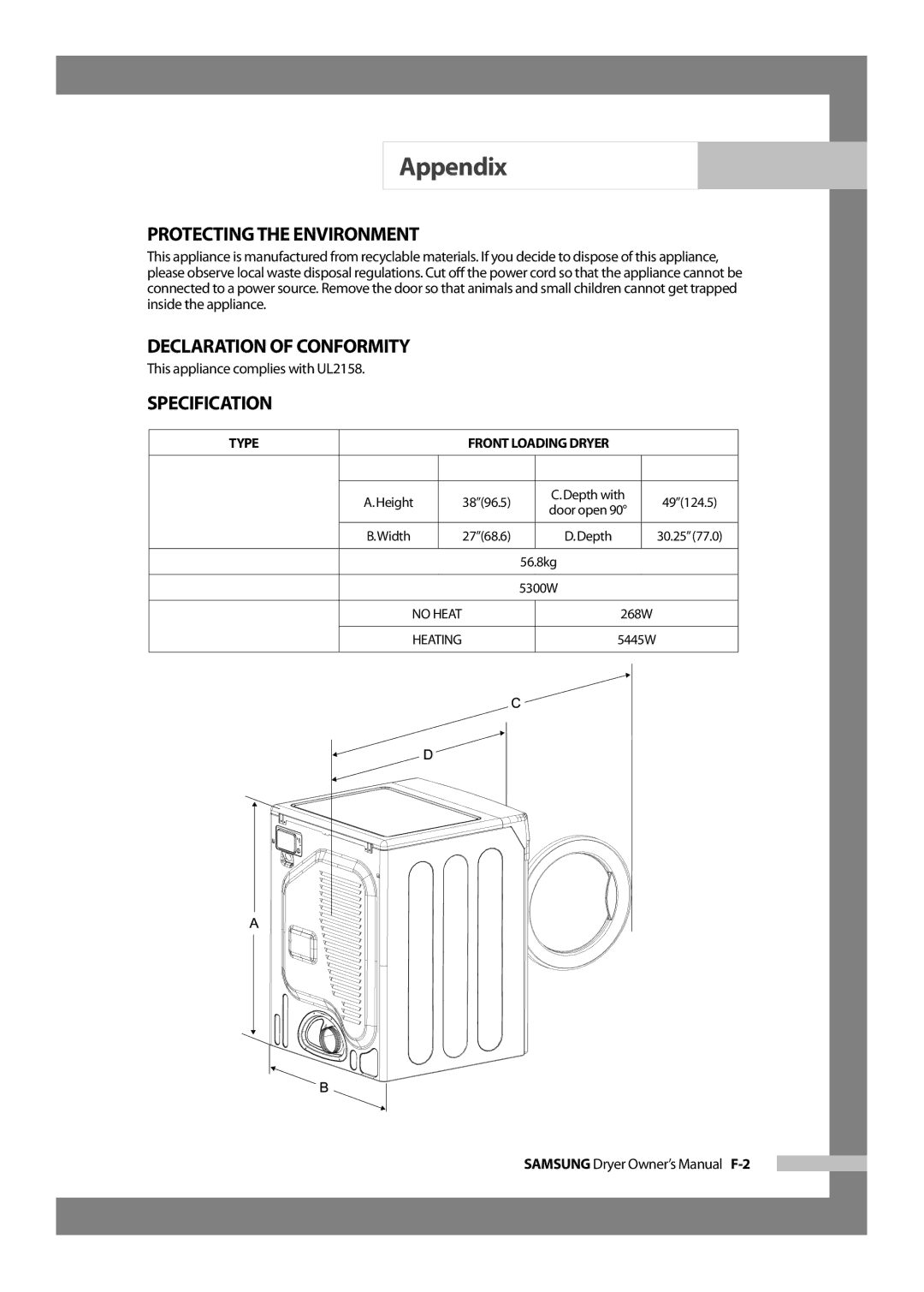 Samsung DV317AGS Protecting the Environment, Declaration of Conformity, Specification, This appliance complies with UL2158 