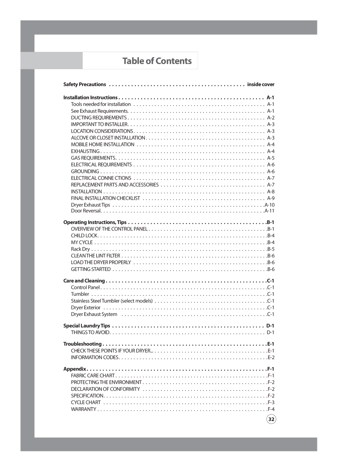 Samsung DV317AGS owner manual Table of Contents 