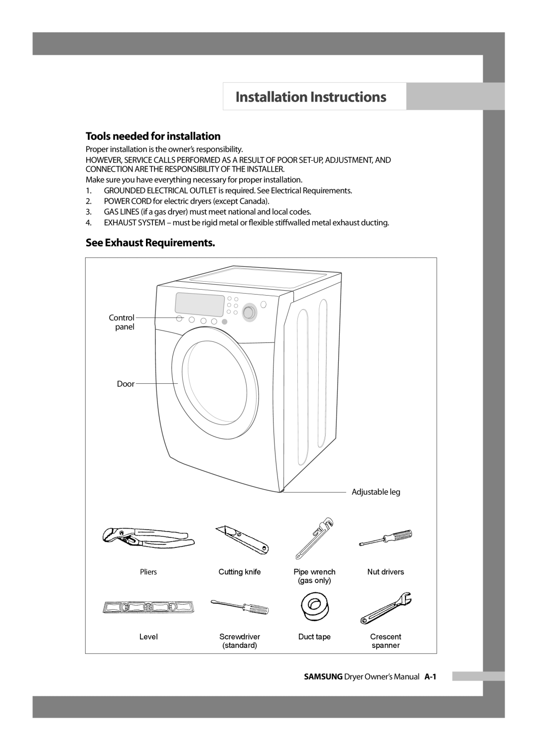 Samsung DV317AGS owner manual Installation Instructions, Tools needed for installation, See Exhaust Requirements 