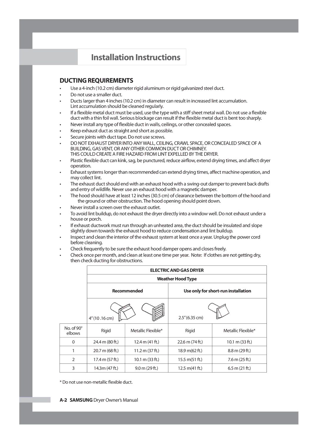 Samsung DV317AGS owner manual Ducting Requirements, Recommended Use only for short-run installation 