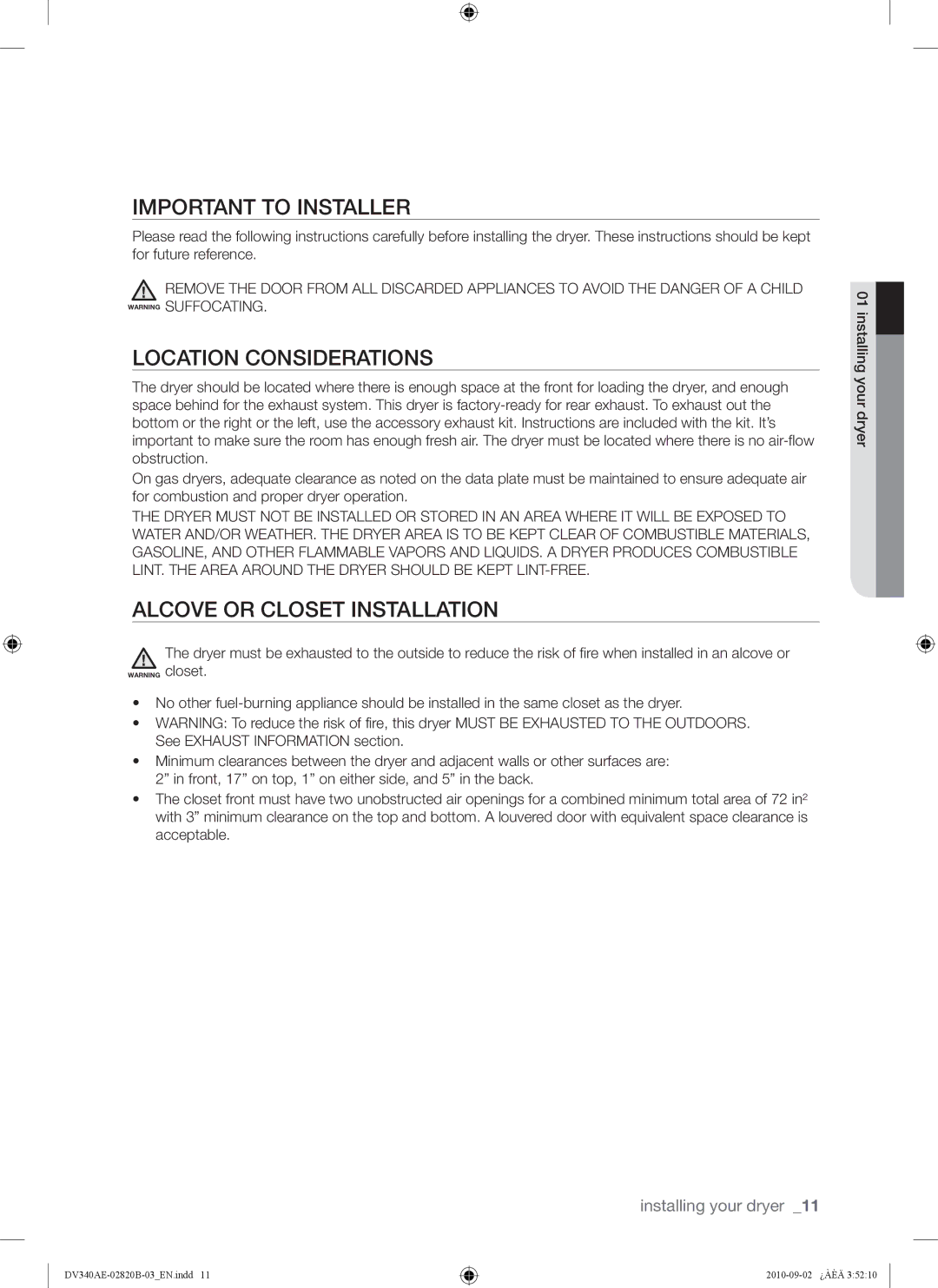 Samsung DV330AEW, DV340AEW user manual Important to Installer, Location Considerations, Alcove or Closet Installation 