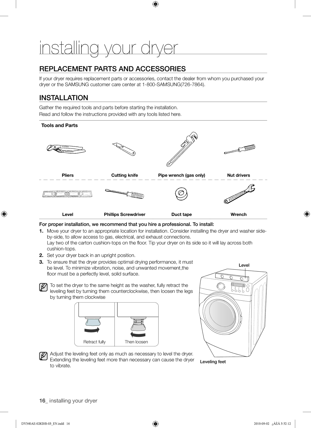 Samsung DV340AEW, DV330AEW user manual Replacement Parts and Accessories, Installation, Tools and Parts 