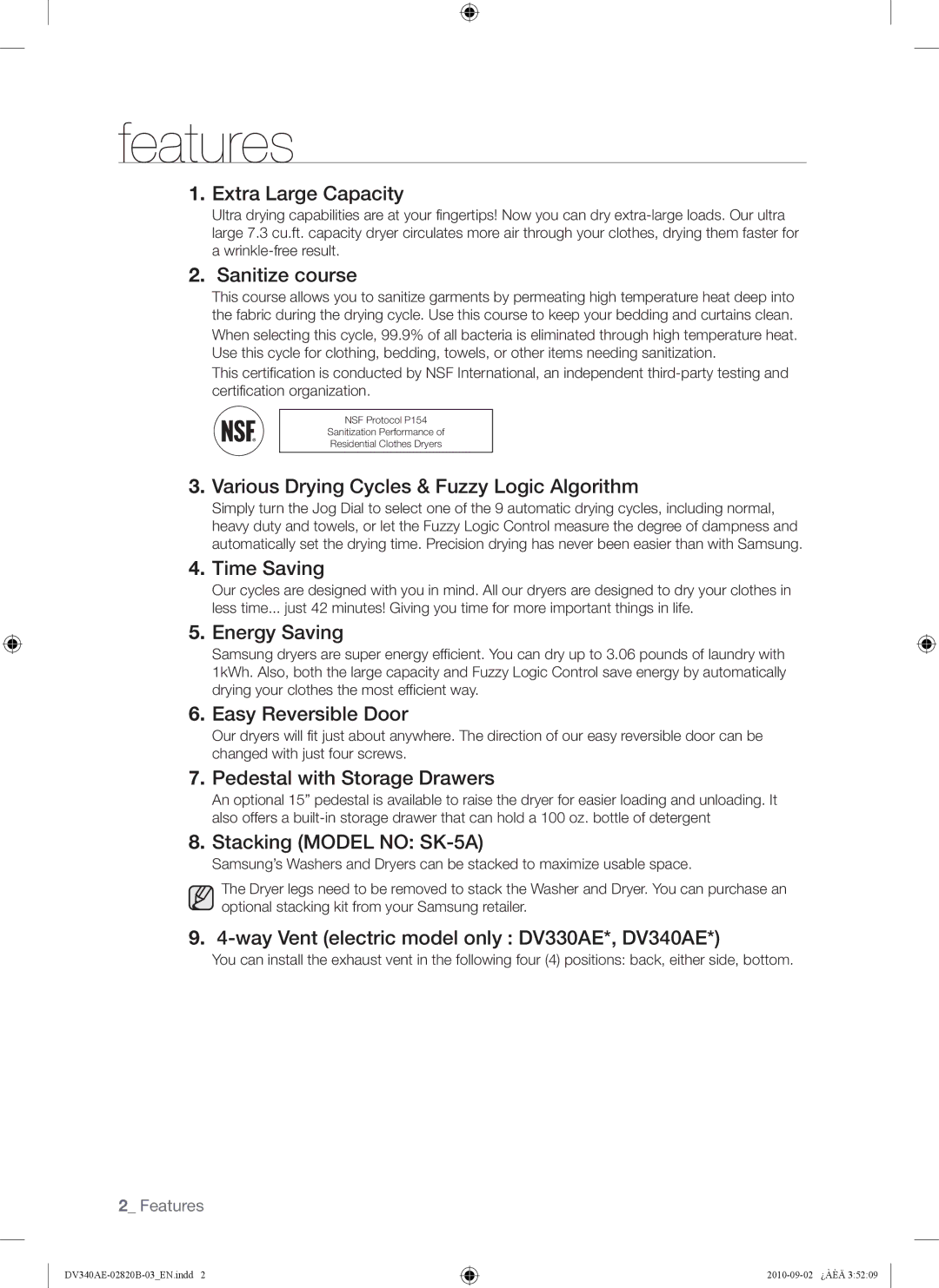 Samsung DV340AEW, DV330AEW user manual Features 