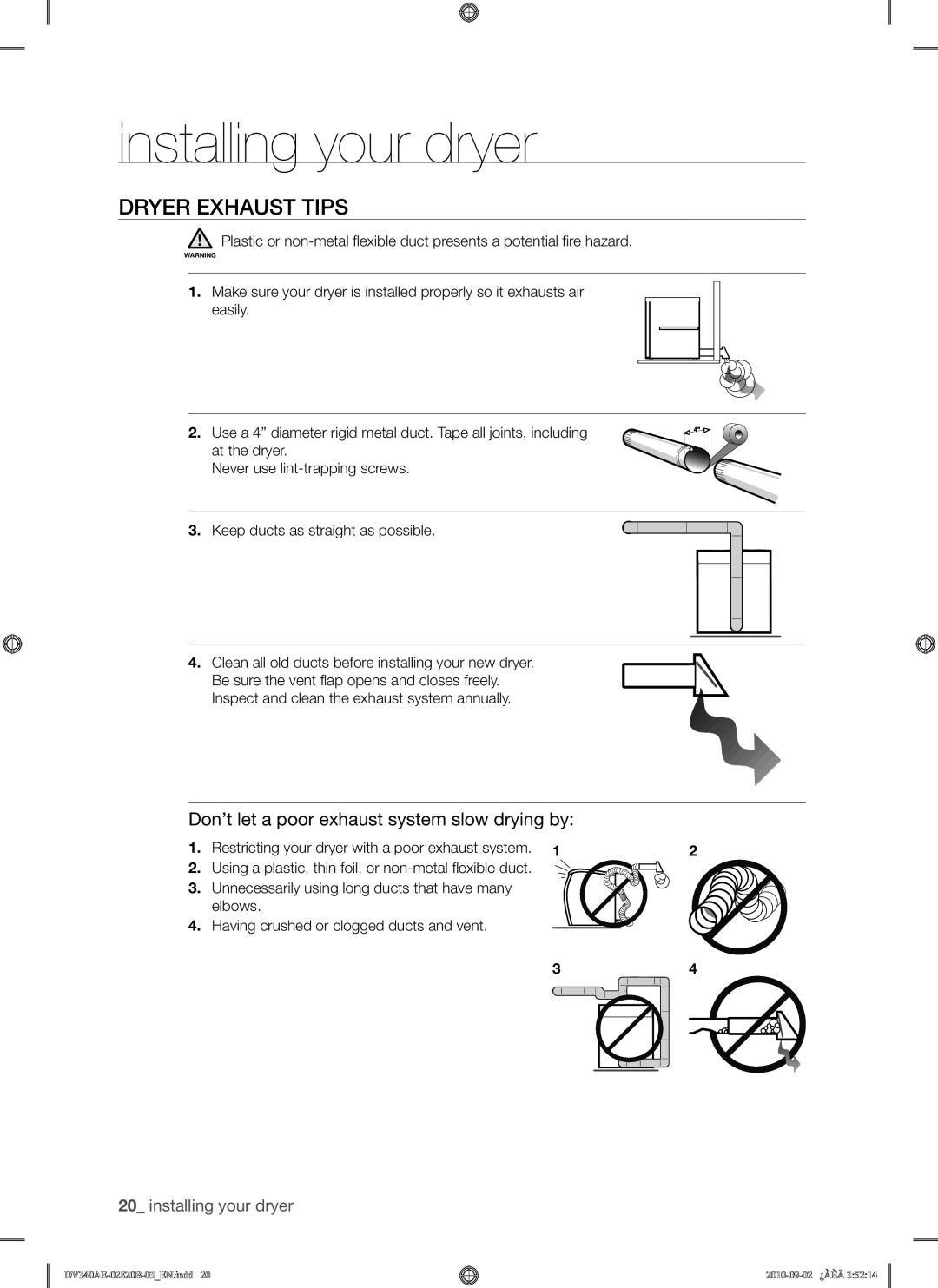 Samsung DV340AEW, DV330AEW user manual Dryer Exhaust Tips, Don’t let a poor exhaust system slow drying by 