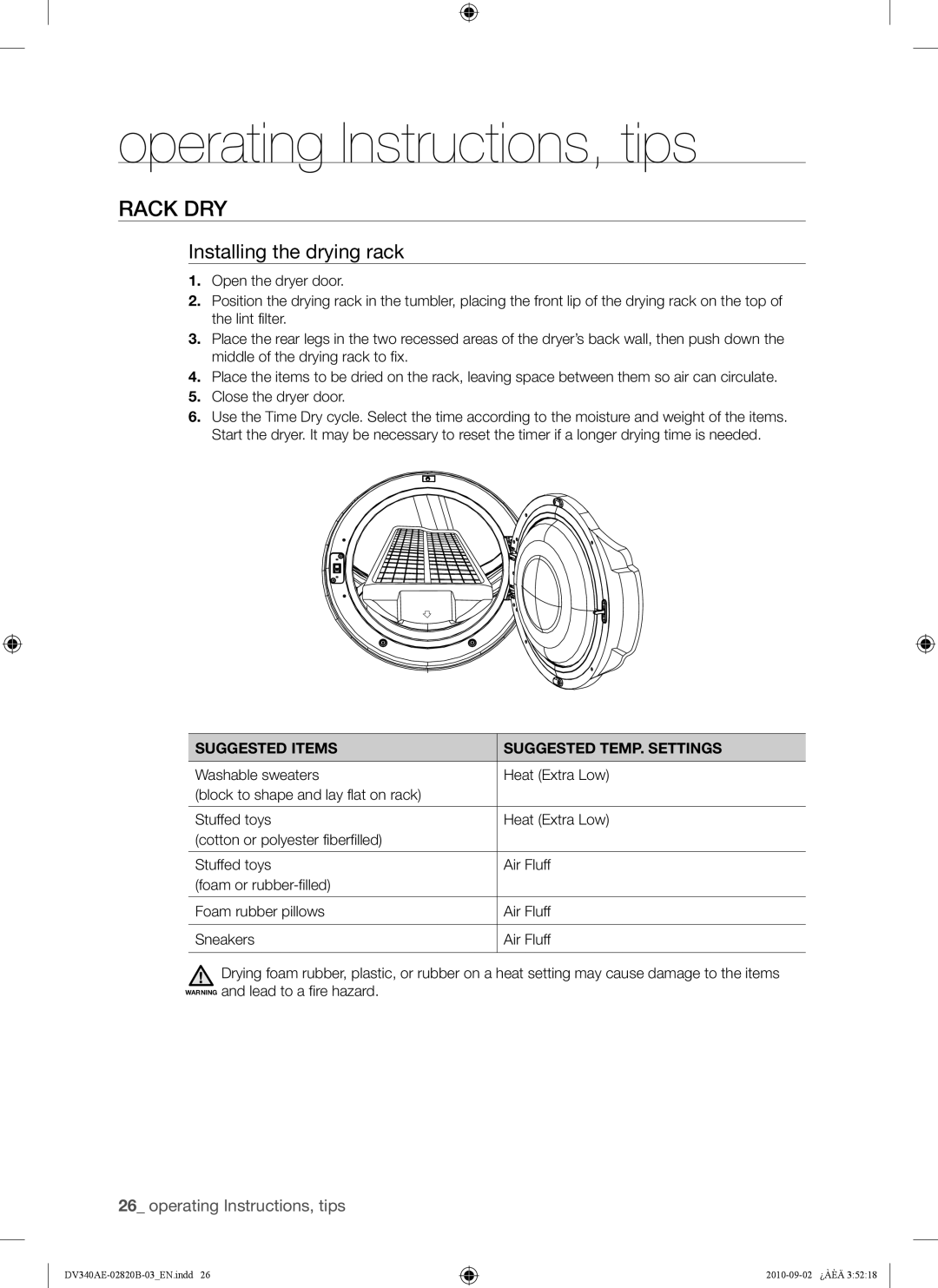 Samsung DV340AEW, DV330AEW user manual Rack DRY, Installing the drying rack, Suggested Items Suggested TEMP. Settings 