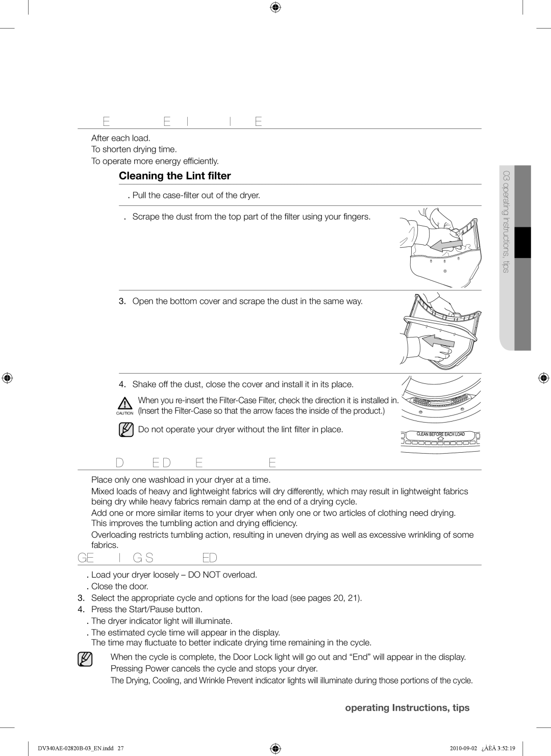 Samsung DV330AEW, DV340AEW Clean the Lint Filter, Load the Dryer Properly, Getting Started, Cleaning the Lint filter 