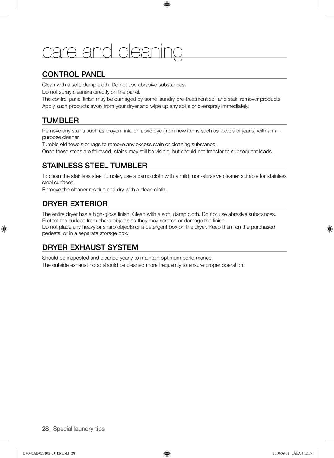 Samsung DV340AEW, DV330AEW user manual Care and cleaning 