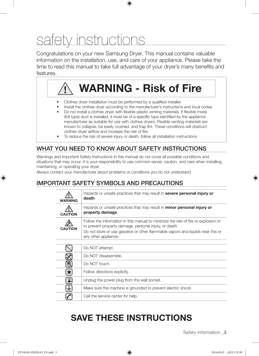 Samsung DV330AEW, DV340AEW Safety instructions, What YOU Need to Know about Safety Instructions, Death, Property damage 