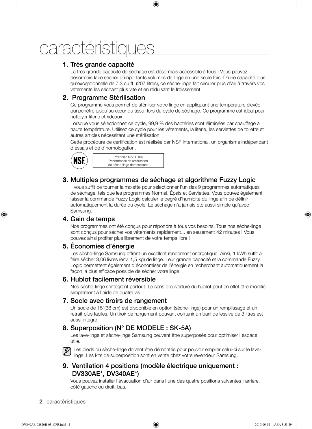 Samsung DV340AEW, DV330AEW user manual Caractéristiques 