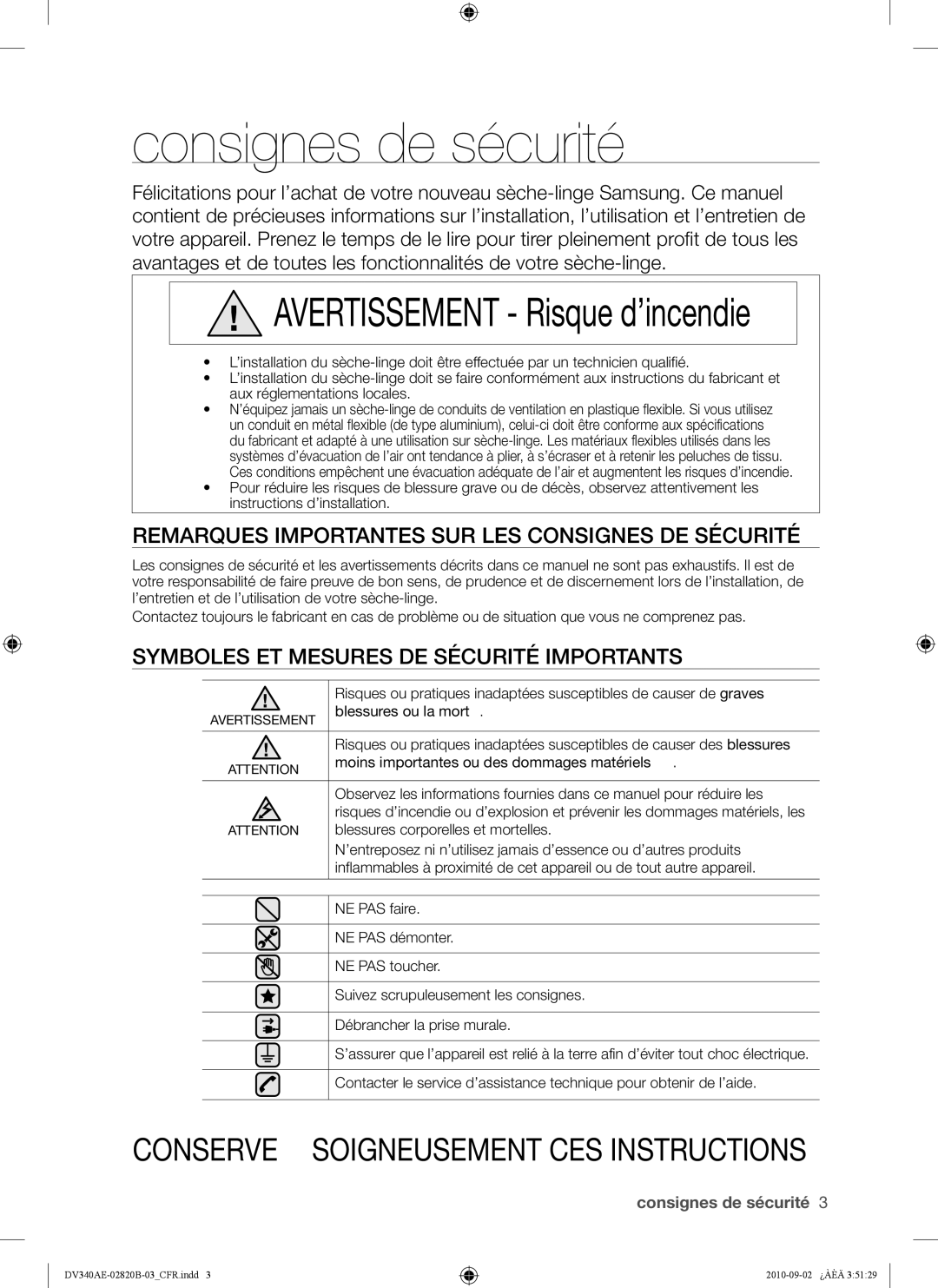 Samsung DV340AEW, DV330AE Consignes de sécurité, Remarques Importantes SUR LES Consignes DE Sécurité, Blessures ou la mort 