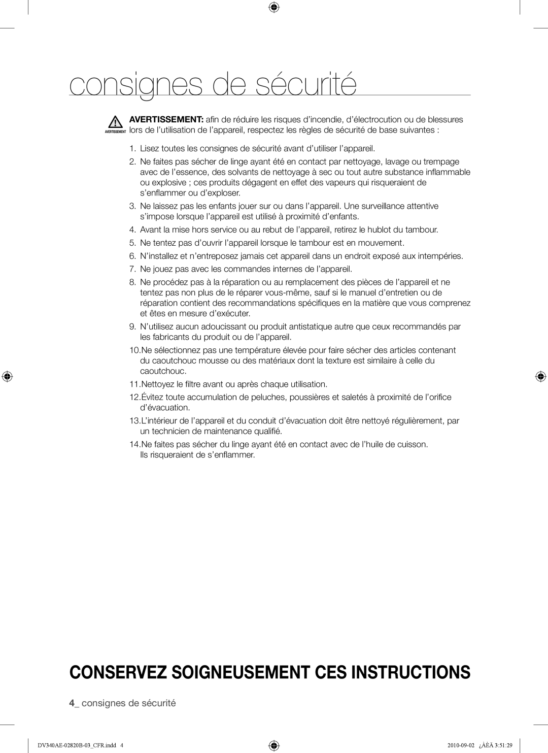 Samsung DV340AEW, DV330AEW user manual Consignes de sécurité 