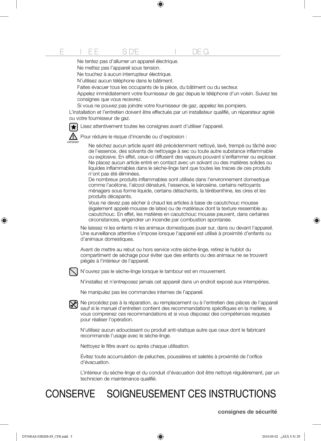 Samsung DV330AEW, DV340AEW user manual QUE Faire EN CAS D’EMANATION DE GAZ 