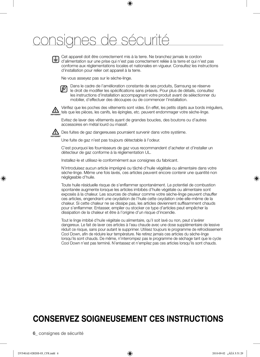 Samsung DV340AEW, DV330AEW user manual Avertissement 