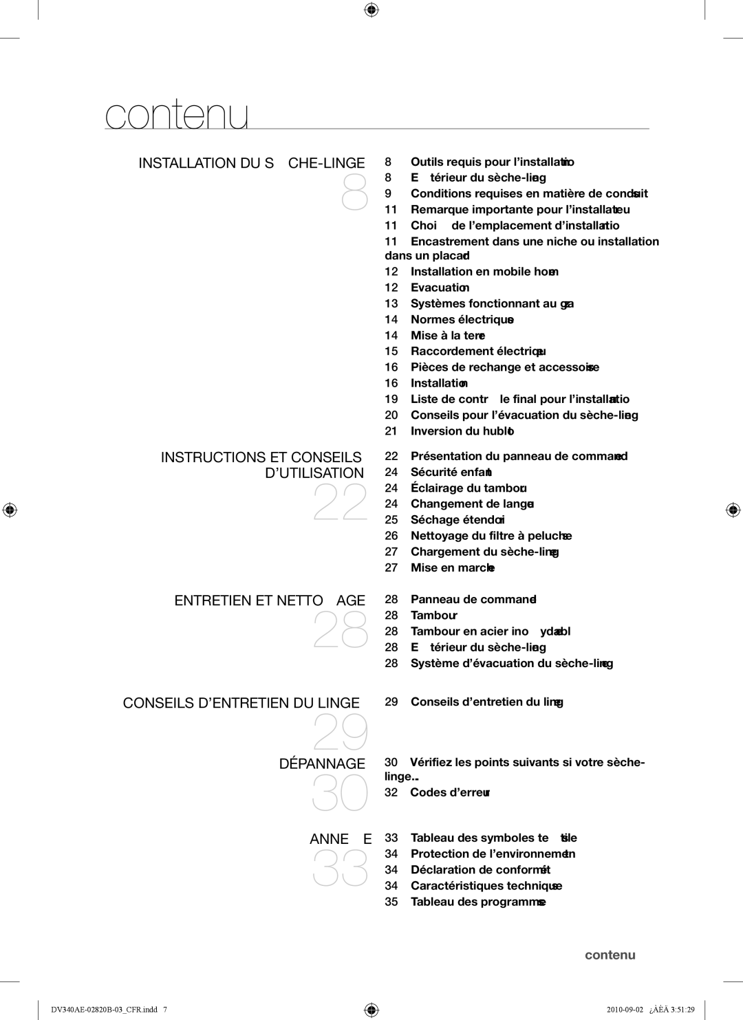 Samsung DV340AEW, DV330AEW user manual Contenu, Installation DU SÈCHE-LINGE 