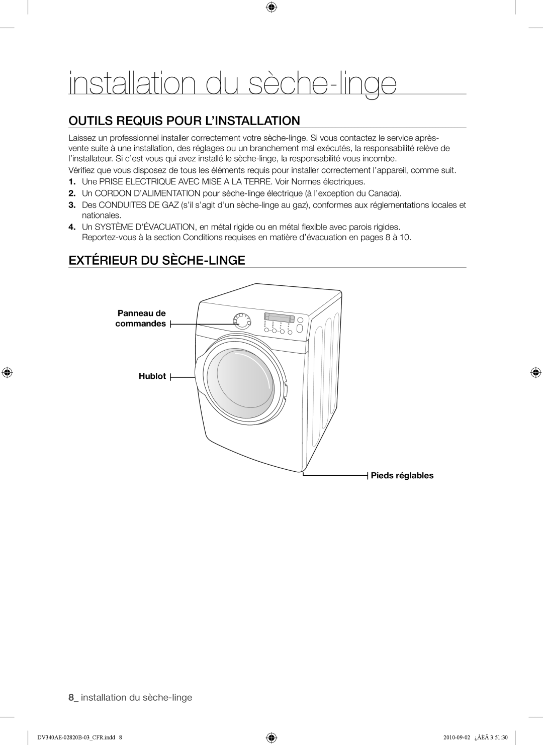 Samsung DV330AE, DV340AEW Installation du sèche-linge, Outils Requis Pour L’INSTALLATION, Extérieur DU SÈCHE-LINGE 