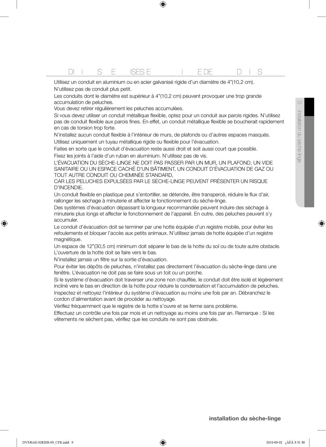Samsung DV330AEW, DV340AEW user manual Conditions Requises EN Matière DE Conduits 
