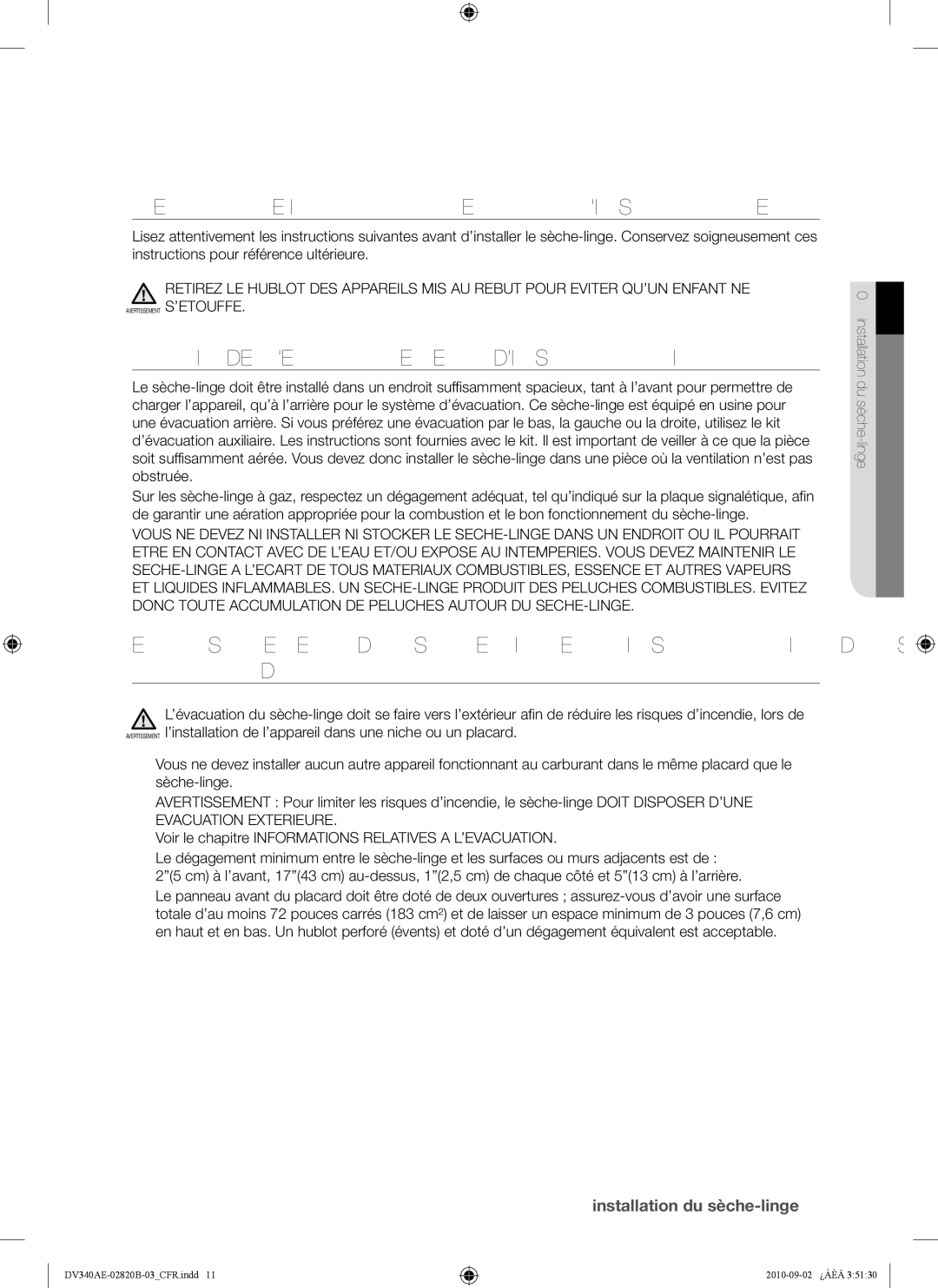 Samsung DV340AEW, DV330AEW user manual Remarque Importante Pour L’INSTALLATEUR, Choix DE L’EMPLACEMENT D’INSTALLATION 