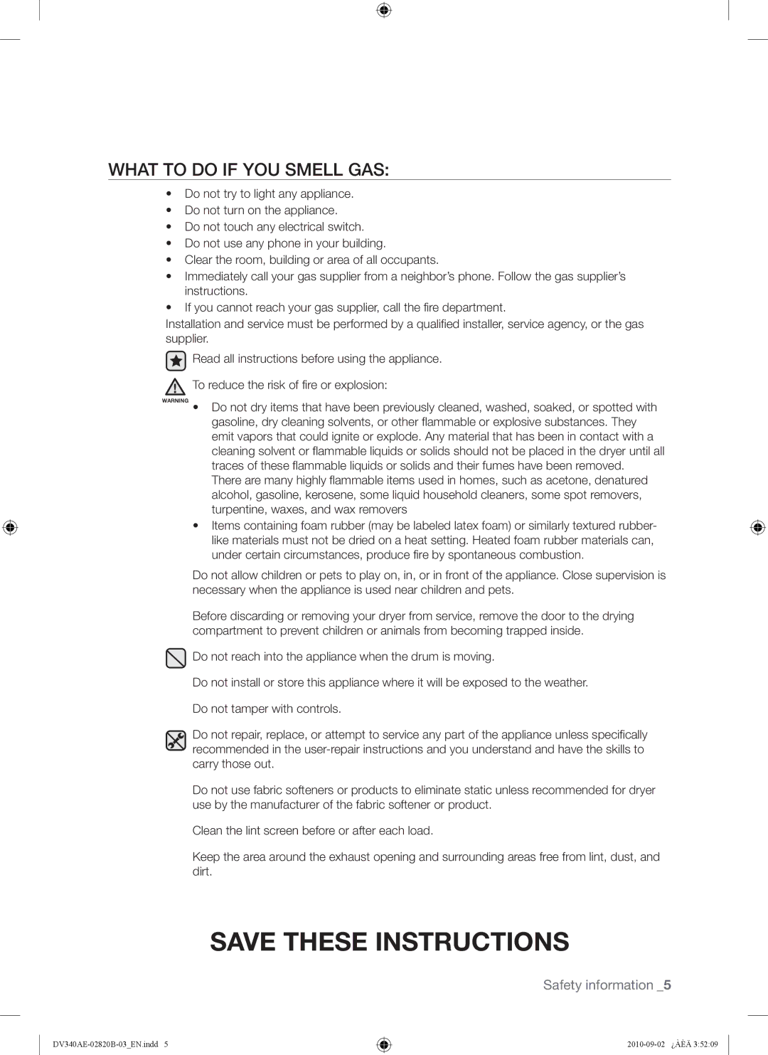 Samsung DV340AEW, DV330AEW user manual What to do if YOU Smell GAS 